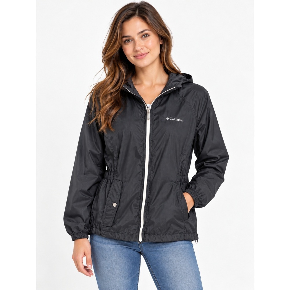 Columbia Women's Black Hooded Windbreaker Jacket L Full Zip Drawcord Hem Pockets